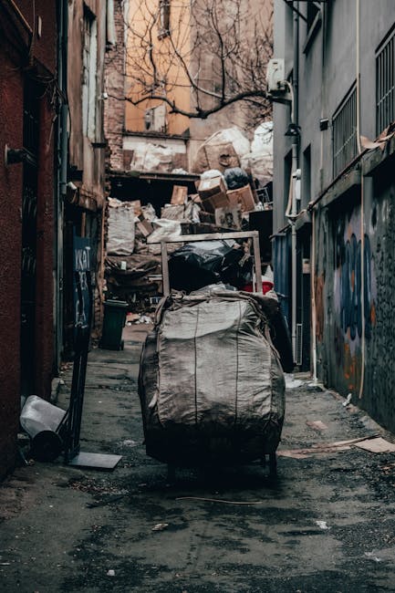 A narrow urban alleyway filled with a large, black plastic rubbish bag in the foreground, positioned on a paved surface that shows patches of dirt and debris. Behind the bag, there is a collection of assorted waste, including cardboard boxes, black trash bags, and loose paper piled against a makeshift wooden structure or fence at the end of the alley. The walls on either side are graffiti-covered brick and metal surfaces, with some graffiti visible and an outer building wall in the background featuring a leafless tree branch extending into the frame. On the right side, there is a metal fence with vertical bars, and on the left, a small green waste bin is partially visible. The scene is lit with natural light, creating a somewhat gloomy atmosphere typical of private waste accumulation before collection. This setting emphasizes an environment where independent rubbish removal services, such as those offered by Waste Removal Hackney, might be utilized for on-site clearance or alternative waste handling outside standard local authority collections.